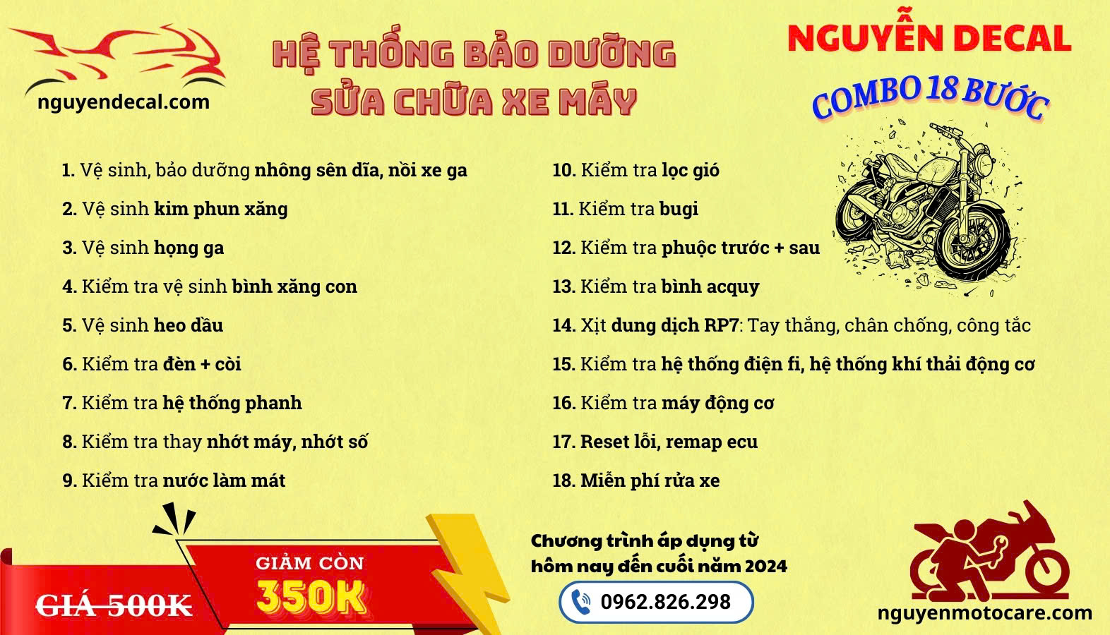 Tiêu chí bảo dưỡng xe máy gói 18 bước